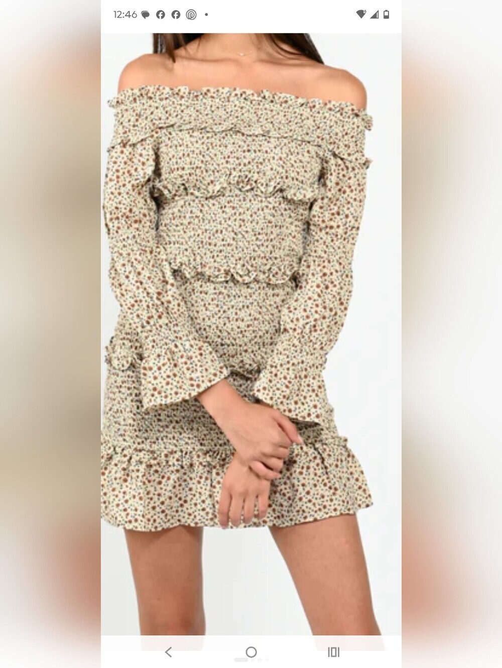 Beige Botany Floral Ruffle Long-Sleeve Mini Dress in Cream and Brown Size S.